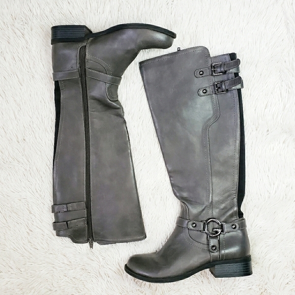 Guess Gray Riding Boots Buckle Logo Zips Size 6 Women Fall Comfy Style - Picture 3 of 6
